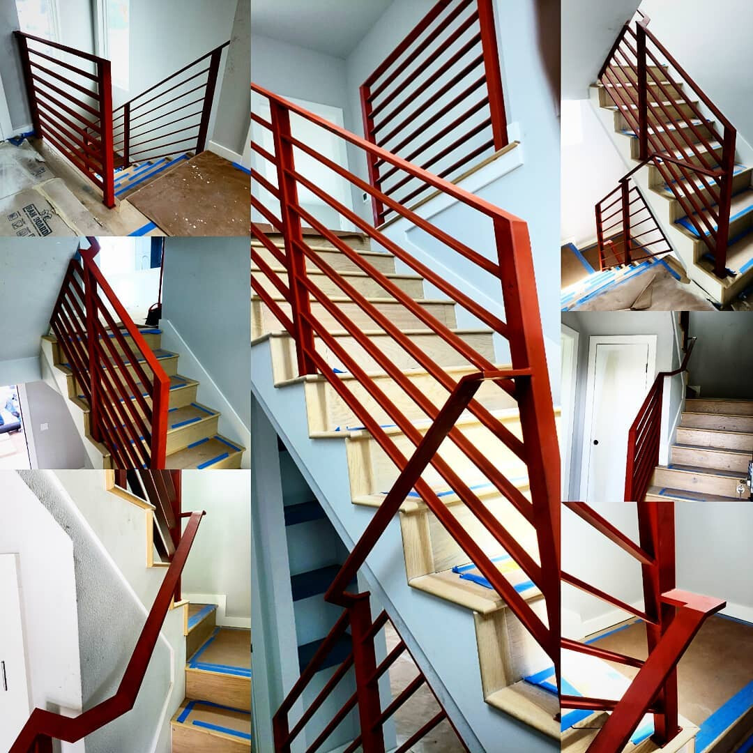 Five views of red-painted steel stair railings installed through a three-story townhouse